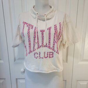 ITALIAN CLUB White Cropped Short Sleeve Shirt w/ Drawstring Neckline sz L Summer